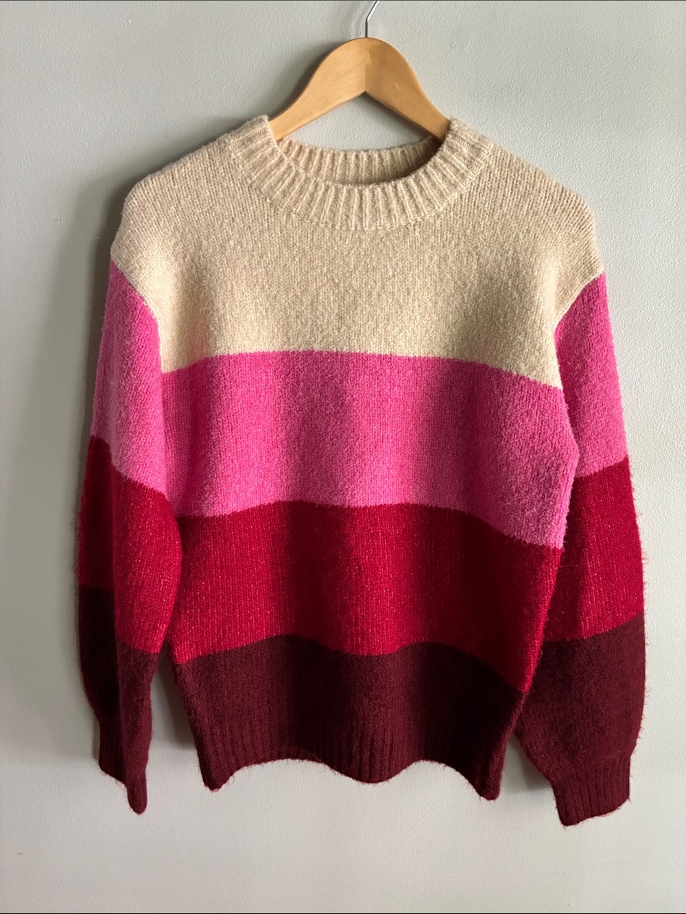 Colorblock Cozy Knit Sweater Pink Red Burgundy Cream Crewneck Soft Small